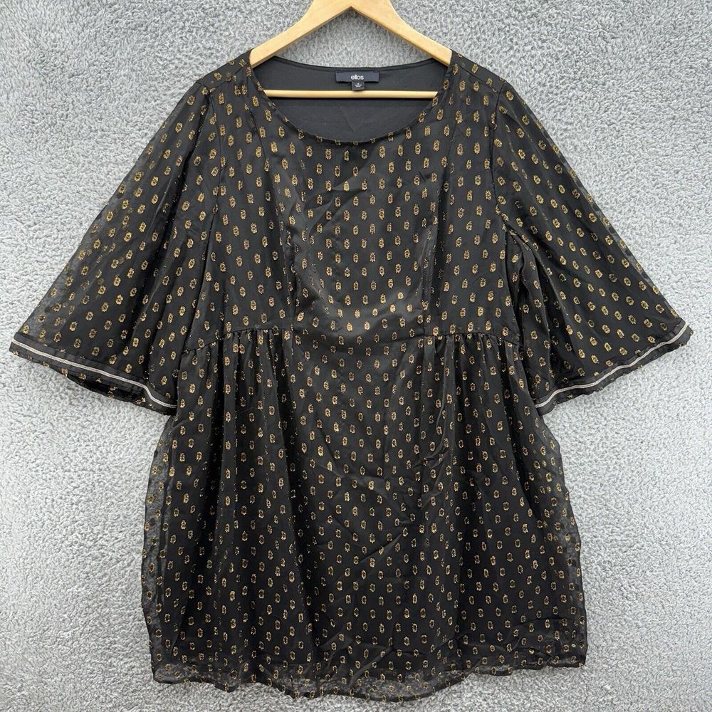Ellos Top Womens Size 18 Moody Floral‎ Black / Gold Sheer Blouse Tunic Shirt